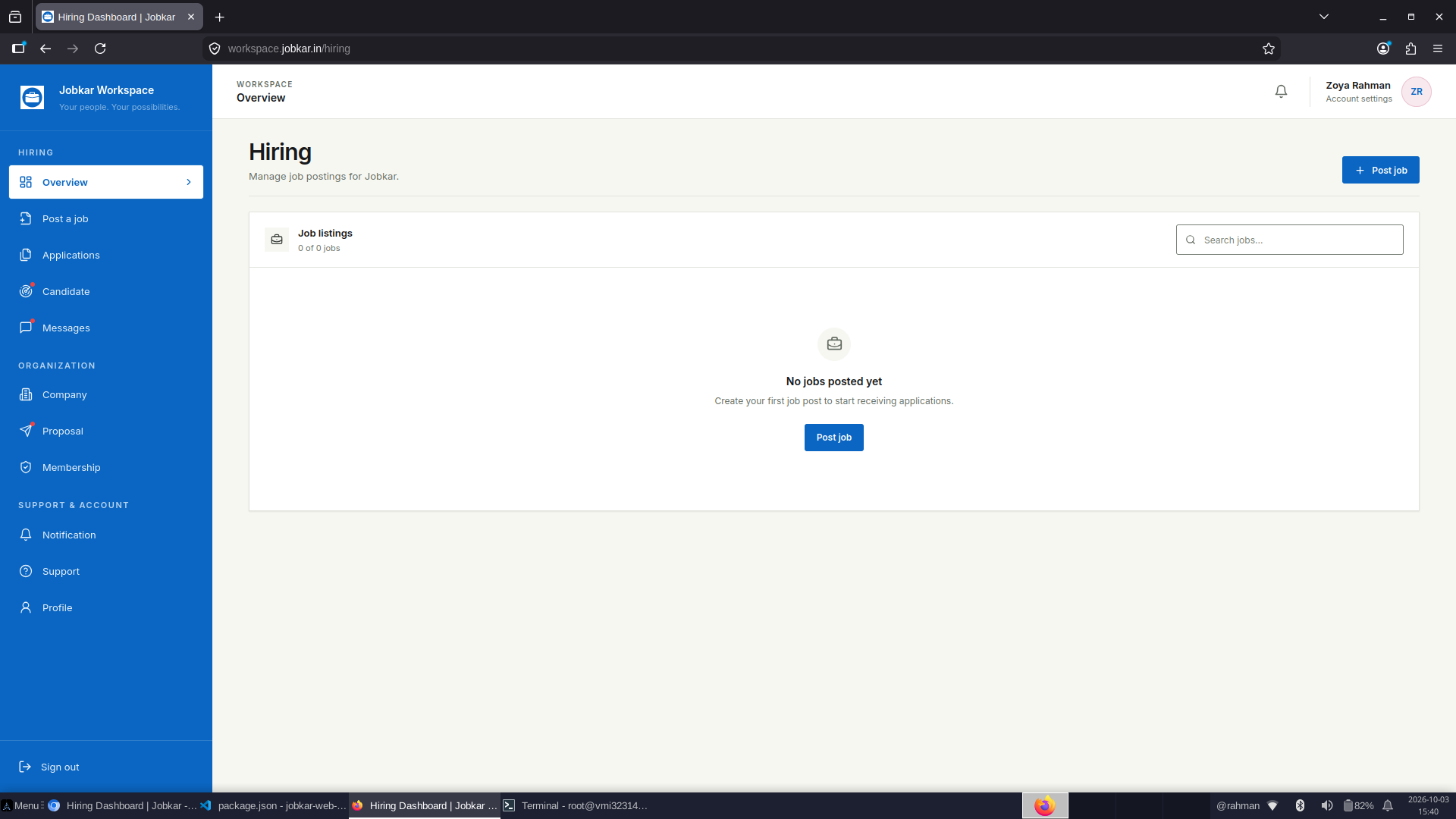 Actual Jobkar Workspace hiring dashboard showing employer navigation and hiring area
